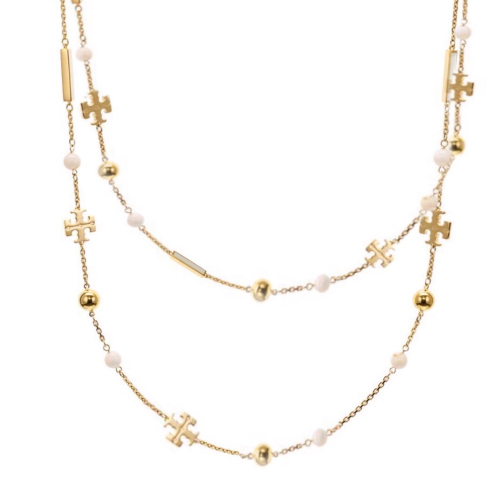 TORY BURCH • White Kira Scatter Logo Rosary Necklace